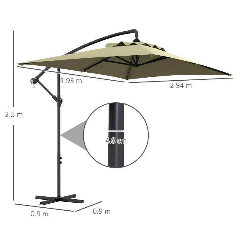 Beige cantilever parasol with size markings, crank arm, and cross base dimensions