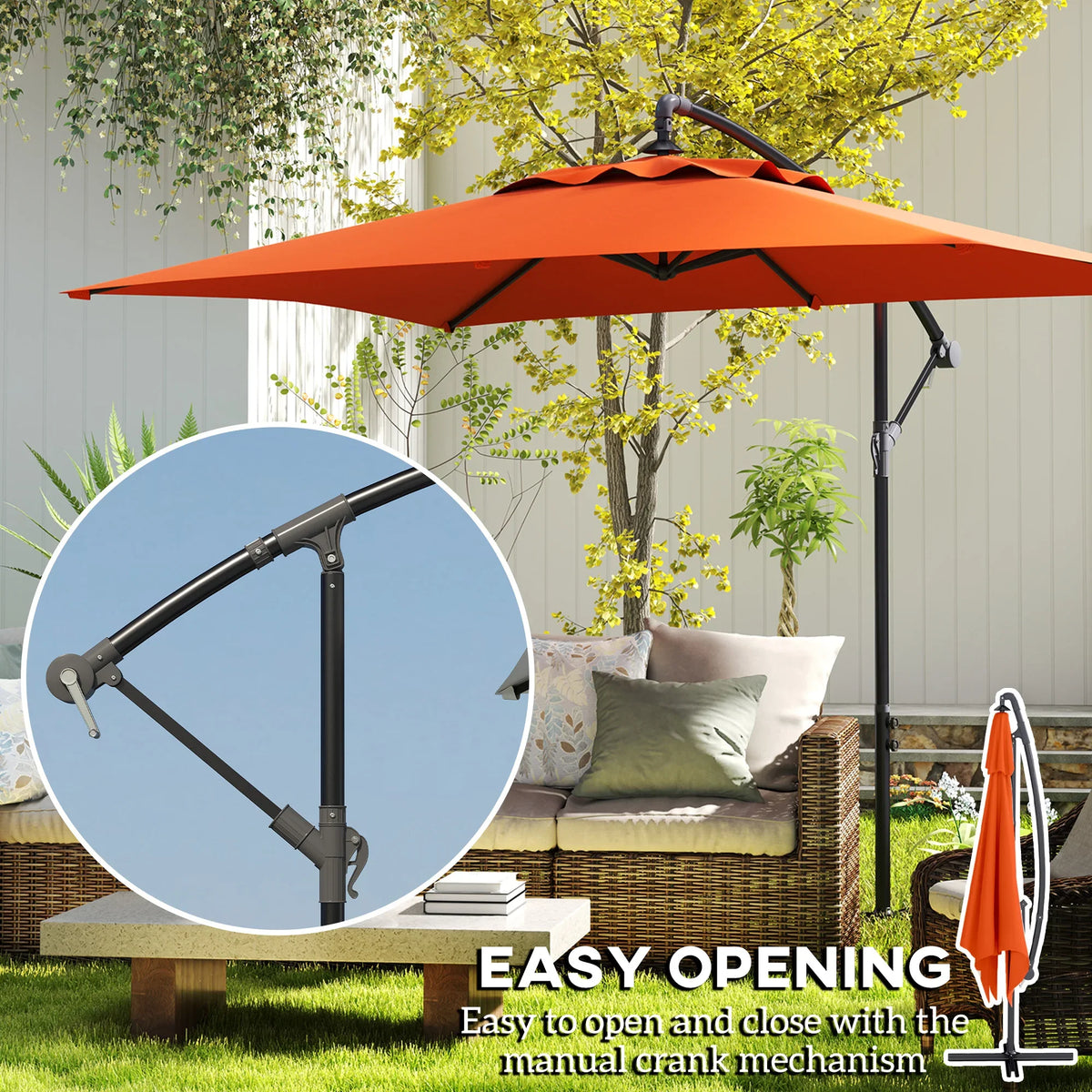 Orange cantilever patio parasol with side crank arm for easy opening