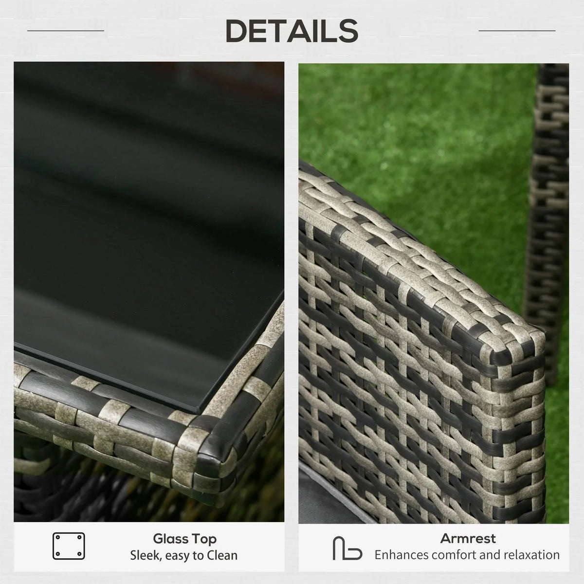 Outdoor PE rattan armrest with dark gray cushion and woven corner detail