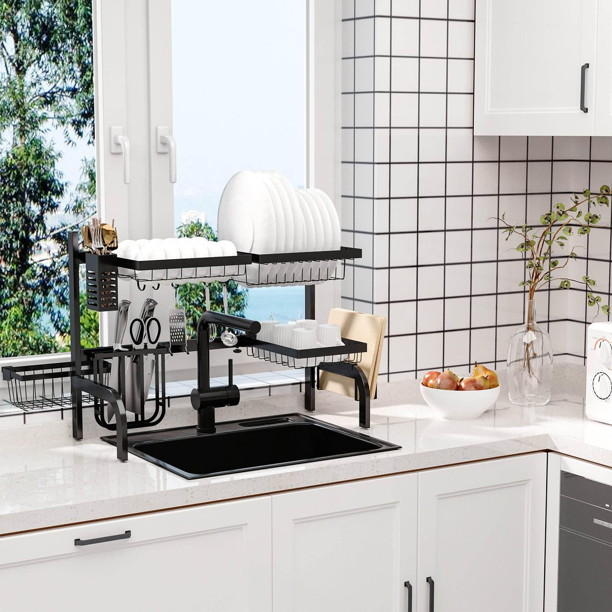 Black 2-tier over-the-sink dish drying rack with plate and utensil holders