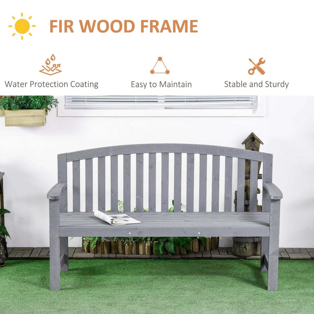 Grey fir wood outdoor 2-seater bench with armrests and vertical back slats