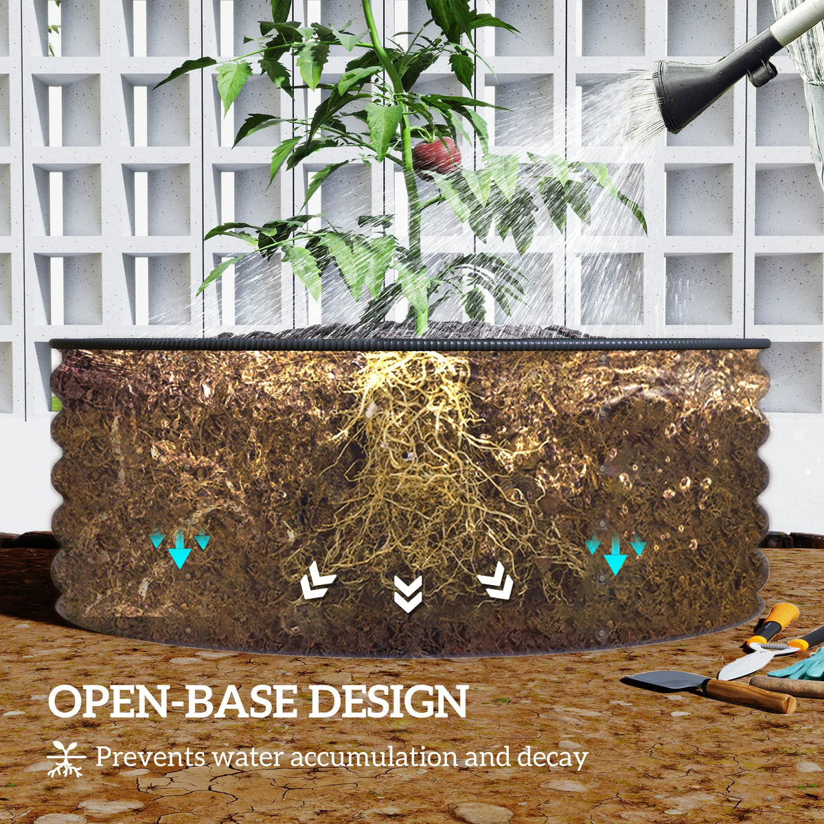 Light green raised garden bed with open base design and dark soil inside