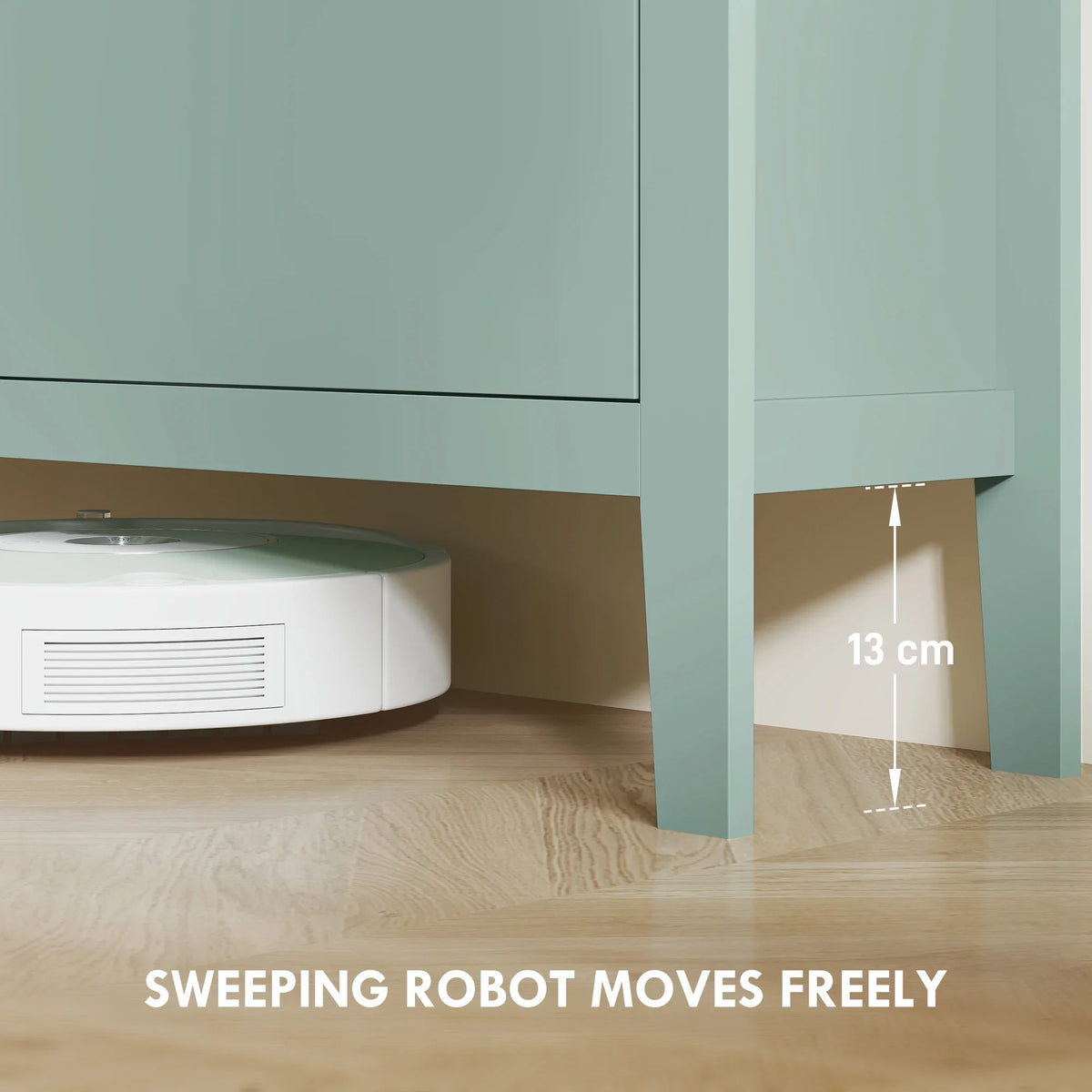 Green shoe cabinet with open bottom clearance for robot vacuum movement