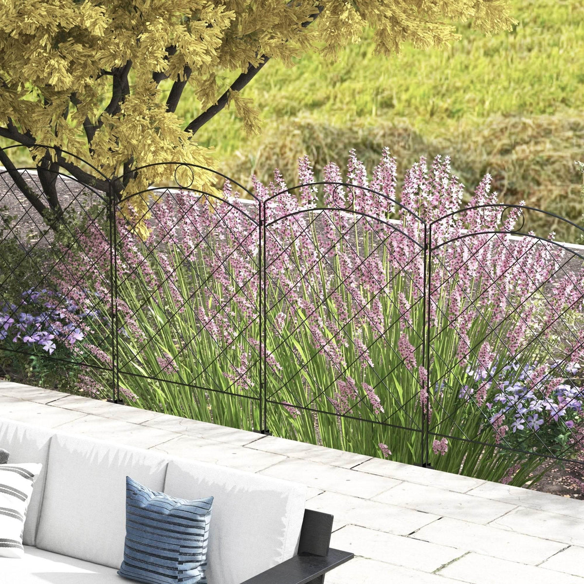 Decorative steel garden fence panel with black diamond lattice and arched top.
