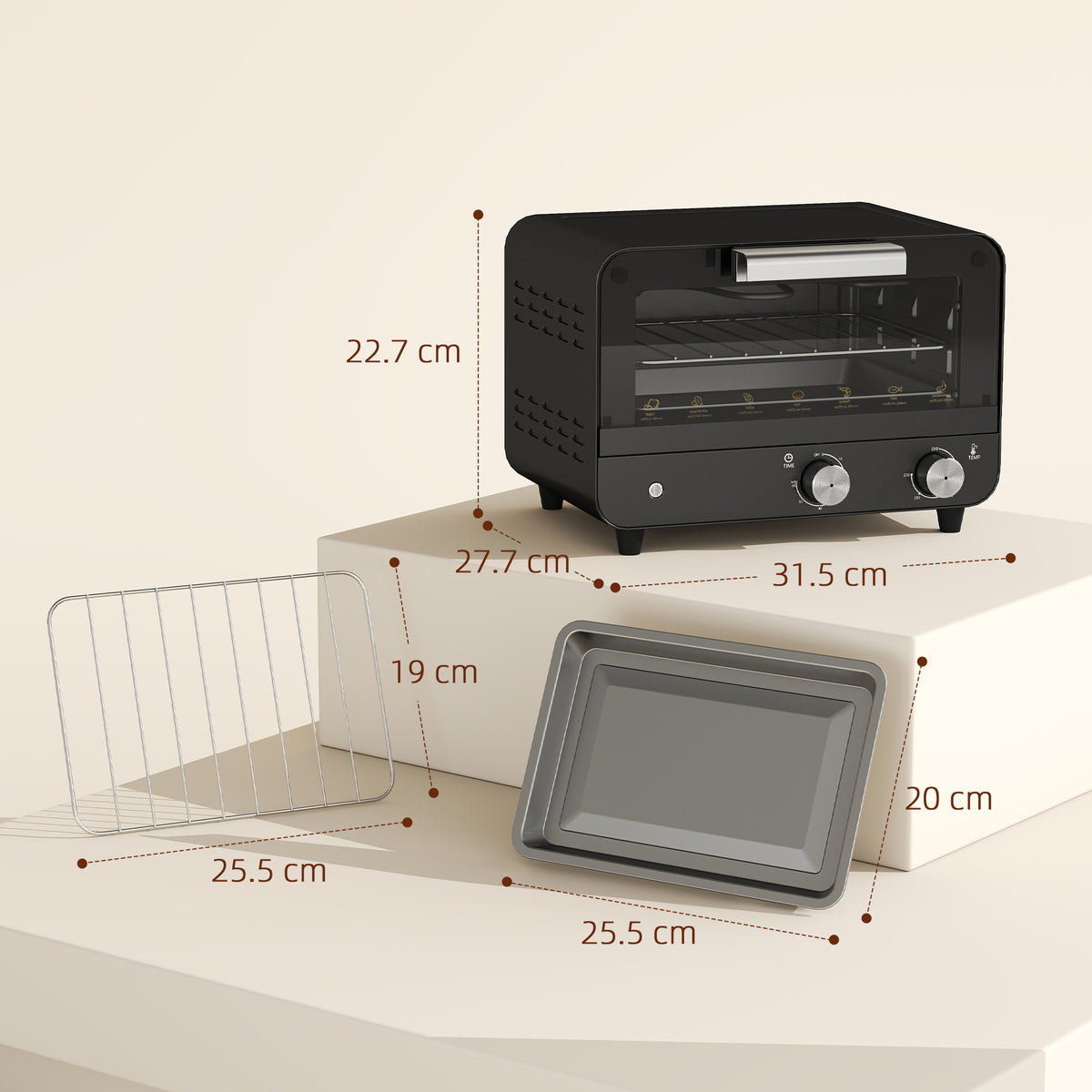 Black mini countertop toaster oven with open door, adjustable racks and pull-out tray