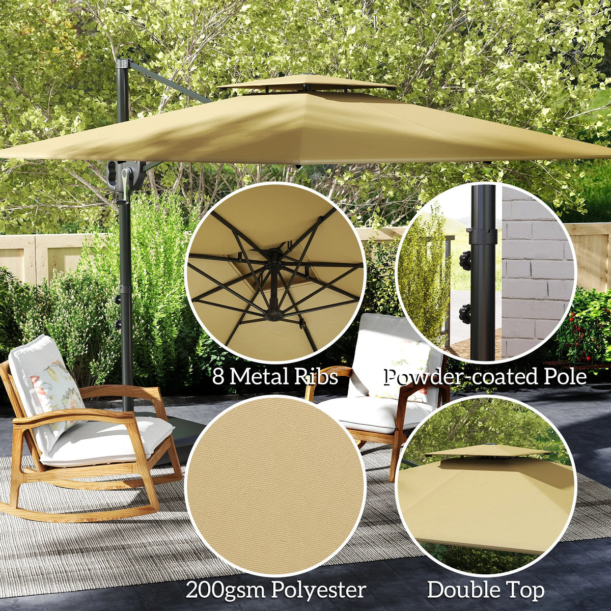 Khaki cantilever parasol with metal ribs, double-top canopy, and polyester fabric.