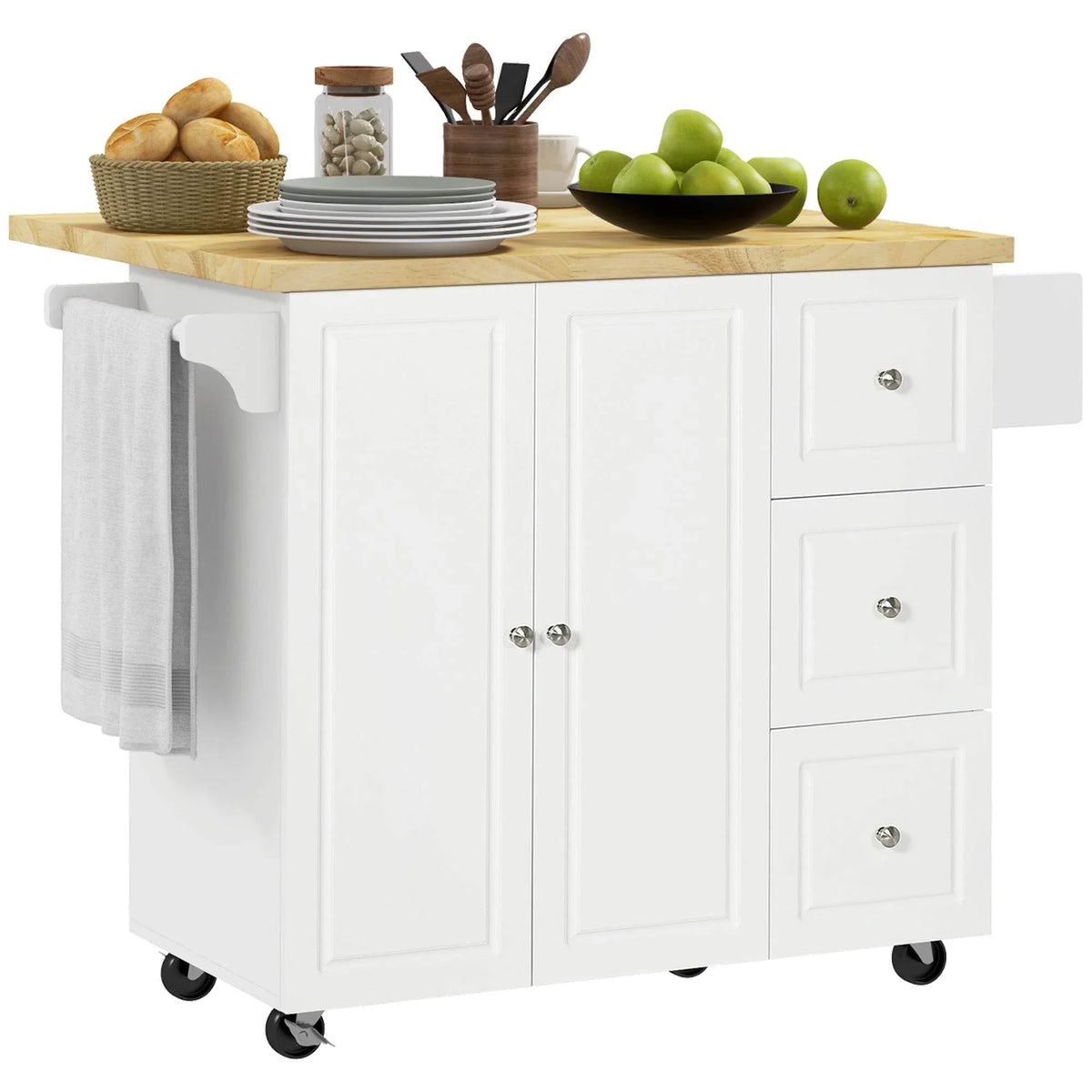White kitchen island cart with double cabinet doors, drawers, and wood countertop on wheels