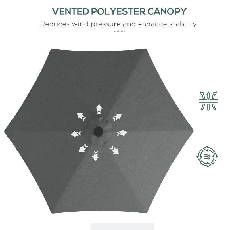 Ventilated dark grey polyester umbrella canopy to reduce wind pressure