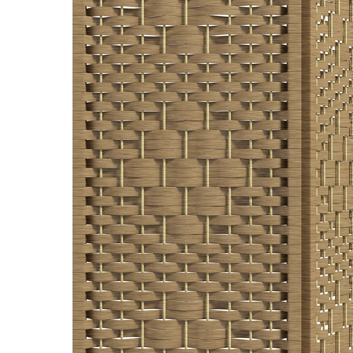 Close-up of woven lattice privacy screen panel with natural wood frame
