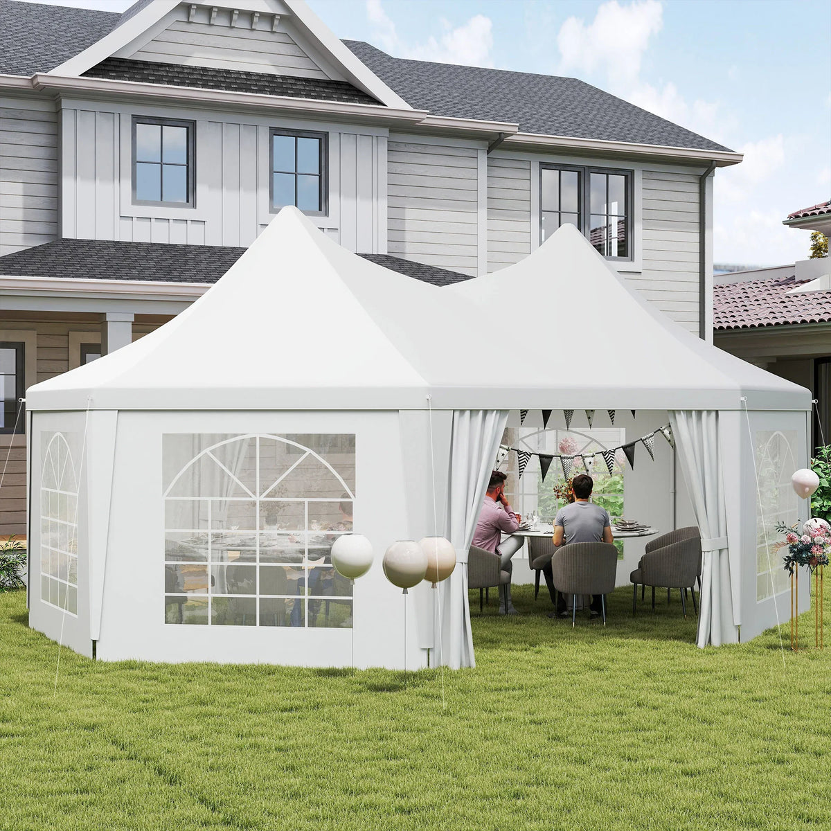 White octagonal marquee gazebo with high roof, window panels, and side curtains
