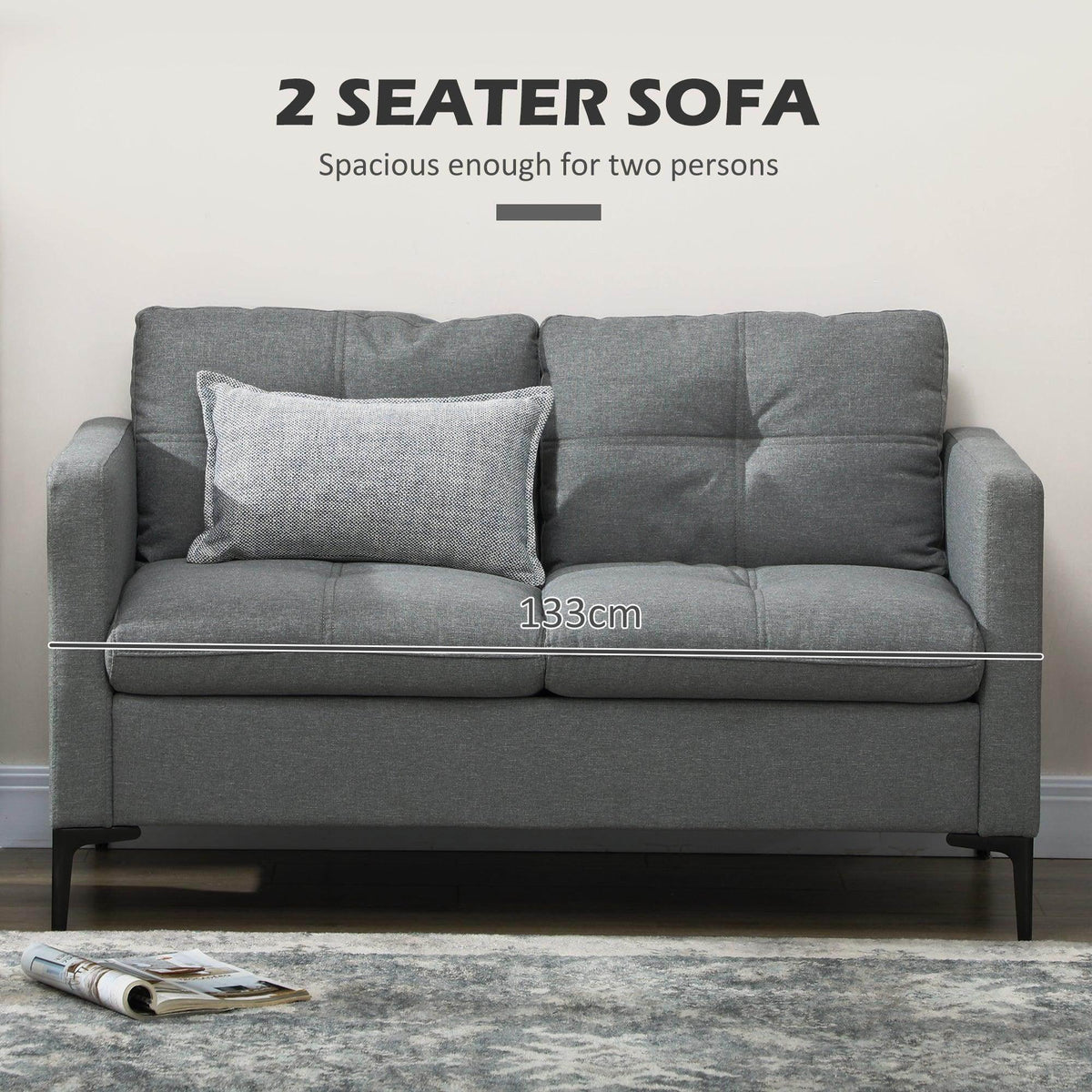 Gray loveseat sofa front view with two back cushions and centered seat cushions.