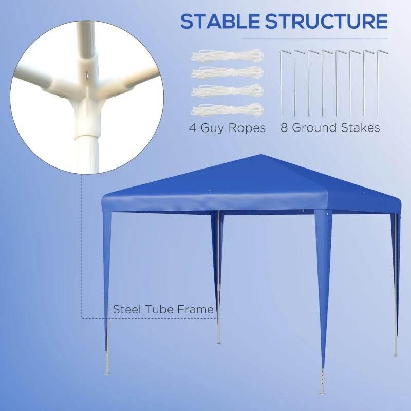 Blue gazebo canopy with steel tube frame, ropes and ground stakes for stability