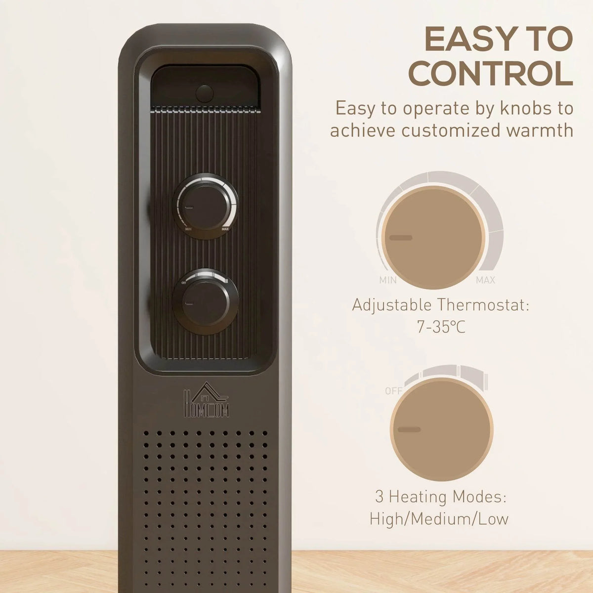 Grey oil-filled heater control panel with two knobs and adjustable thermostat
