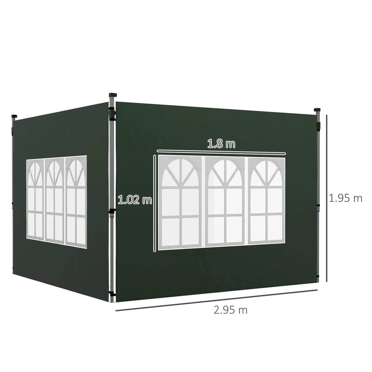Green gazebo side panel with white arched window cutout and printed size markings