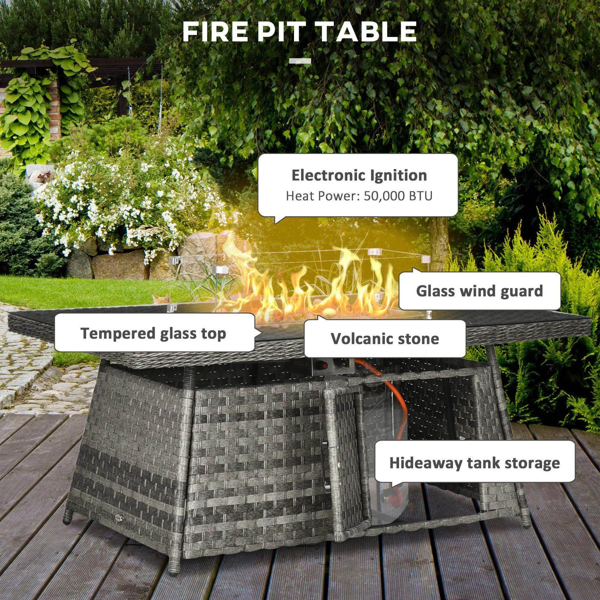 Gray rattan fire pit table with tempered glass top, flame, and hideaway storage