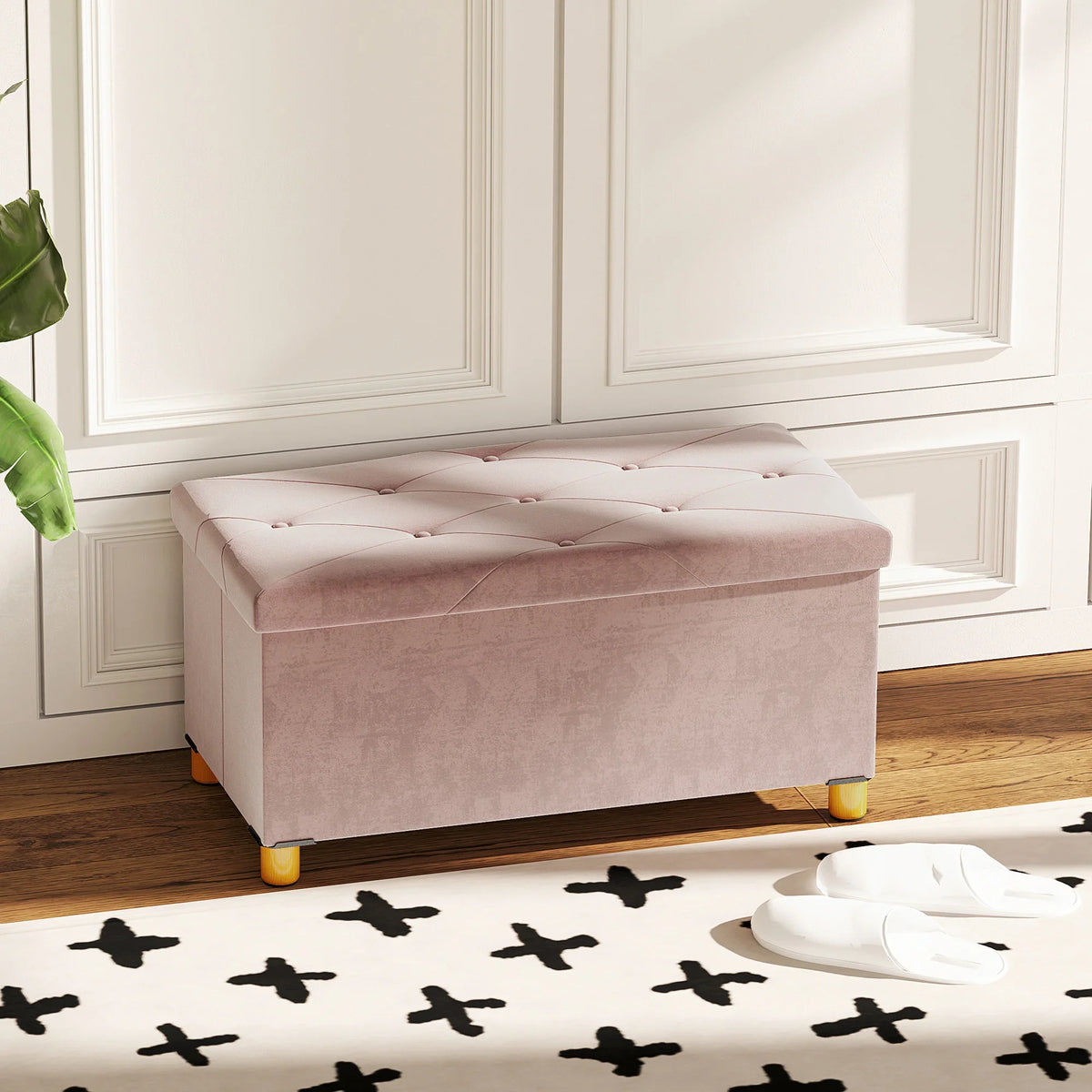 Mauve velvet storage ottoman bench with tufted lid and yellow wood legs