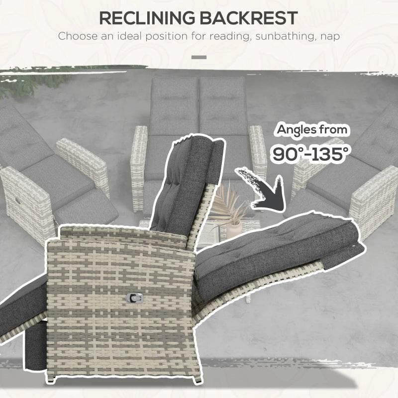 Reclining outdoor rattan sofa sectional with adjustable backrests and thick dark grey cushions