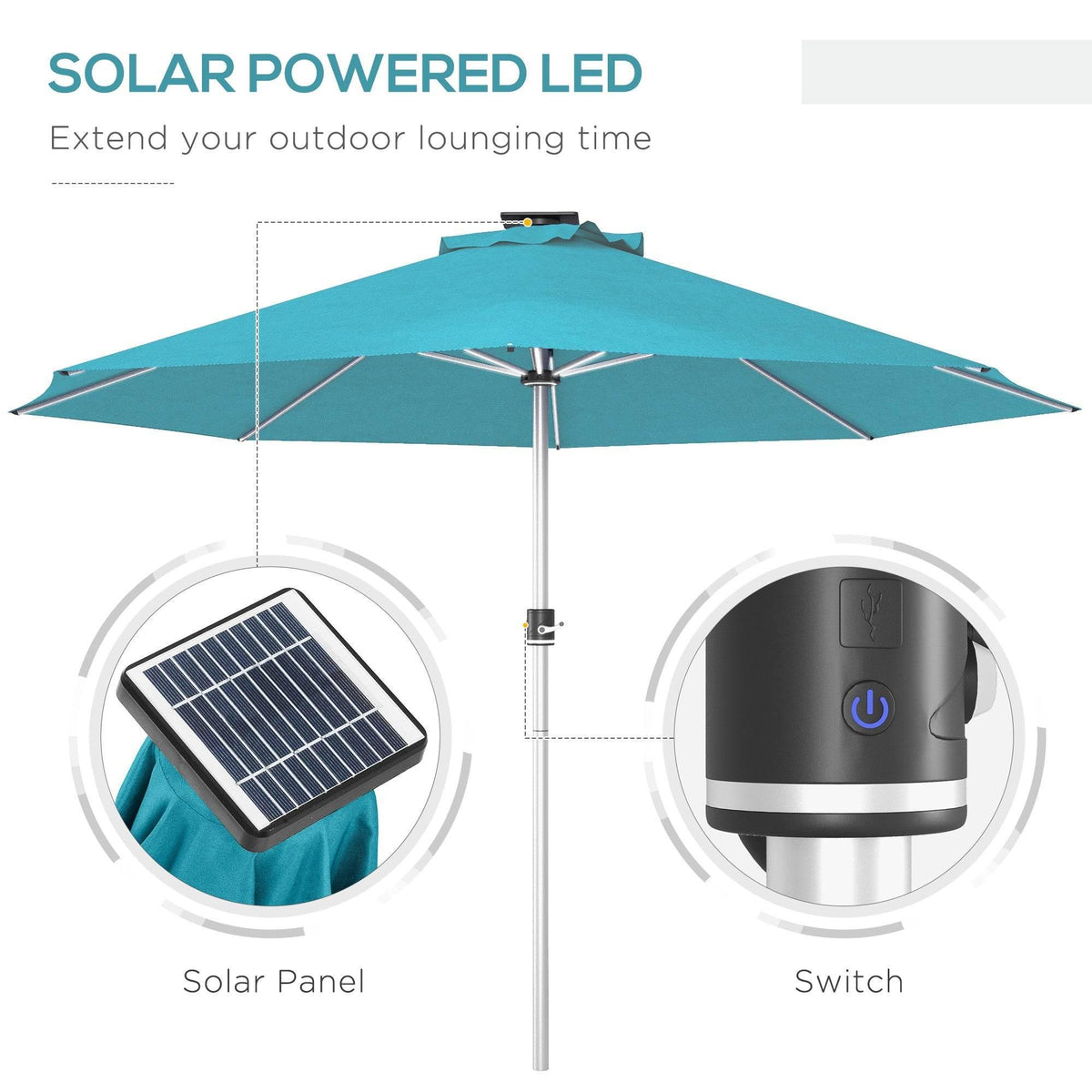 Teal solar LED patio umbrella showing solar panel and switch control