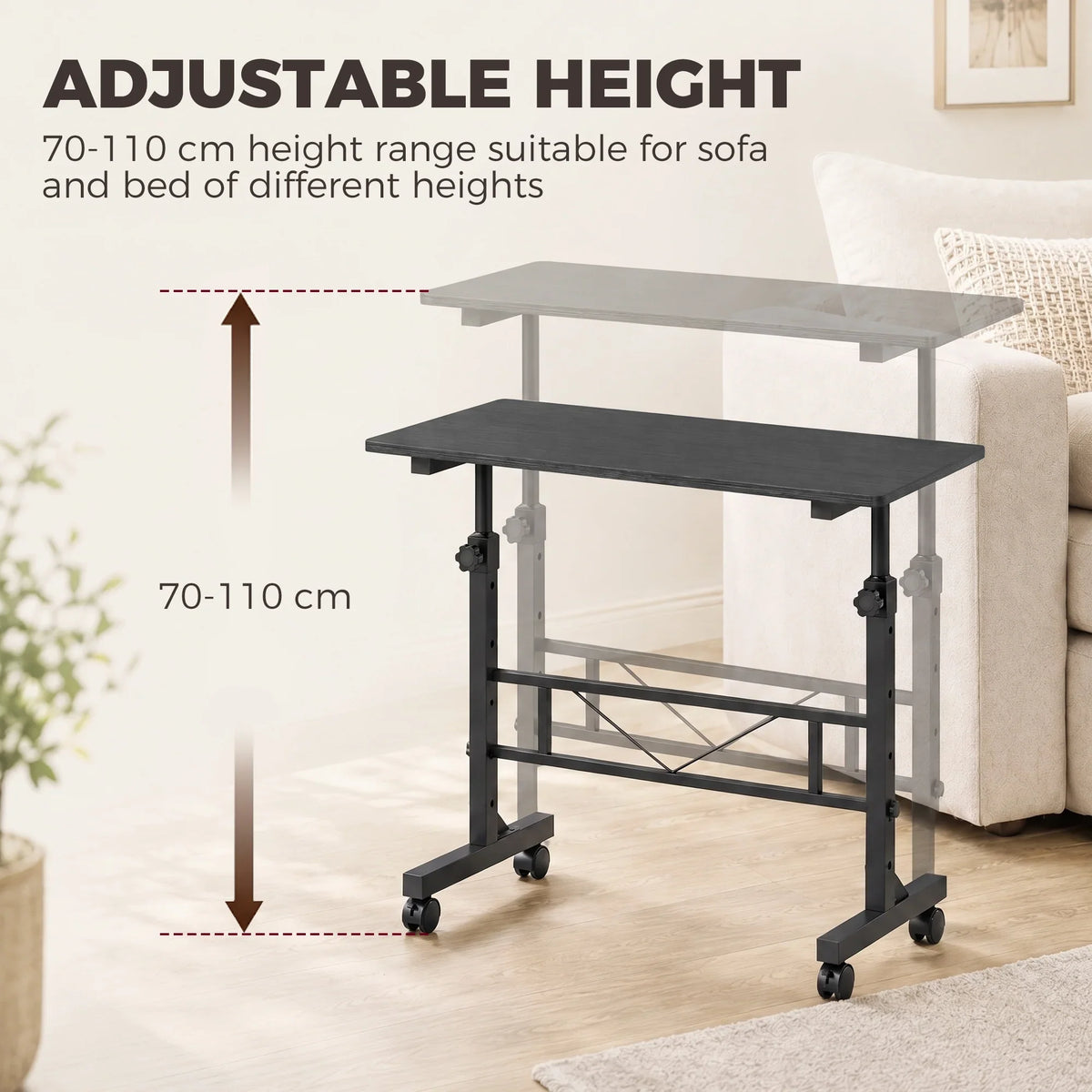 Height-adjustable side table with black top, wheeled legs, and open crossbar frame