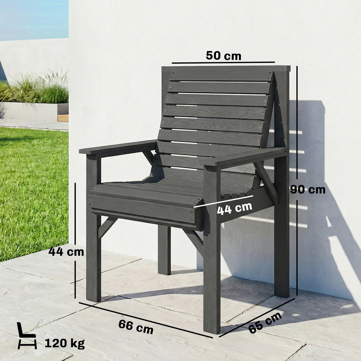 Grey outdoor dining chair, slatted back and seat with wide armrests and curved design
