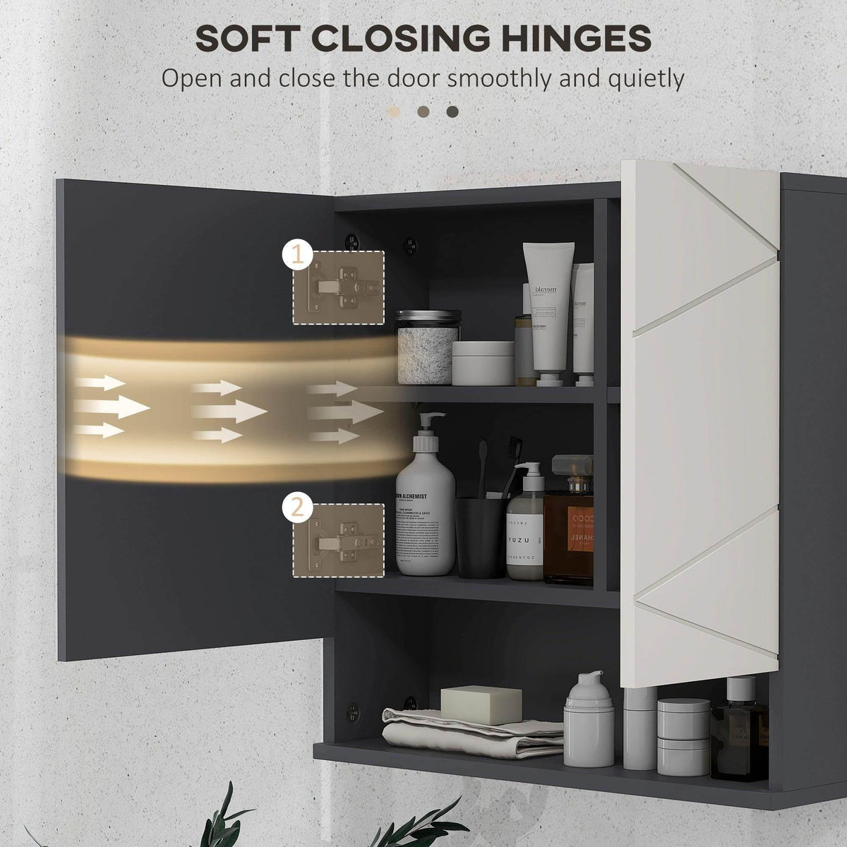 Wall-mounted bathroom cabinet with soft-closing hinges and storage shelves, grey
