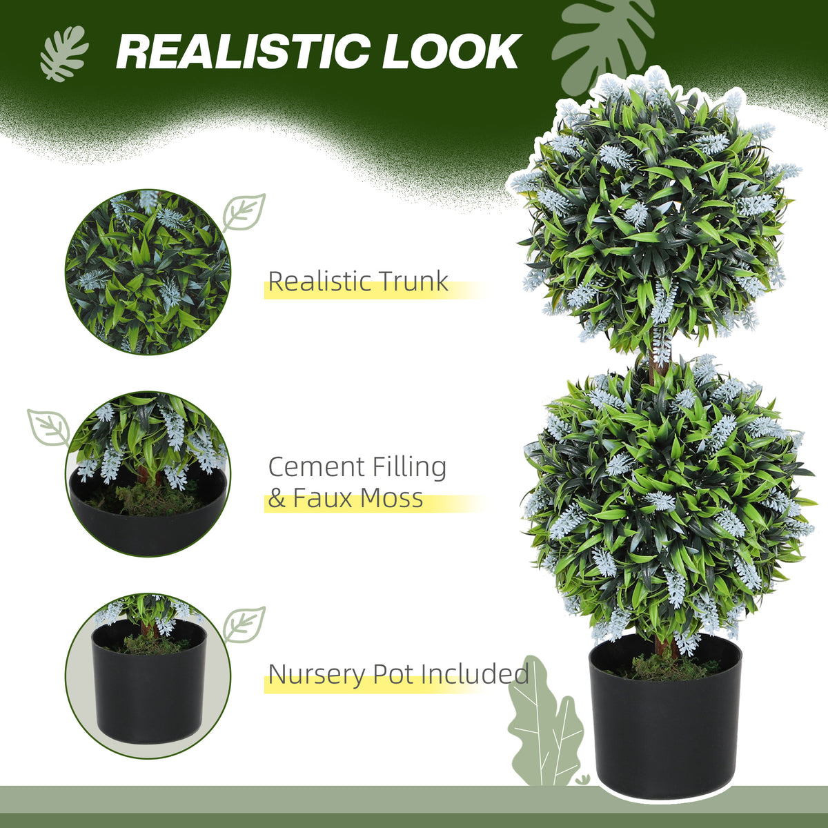 Artificial ball topiary tree with dense green leaves in a black pot