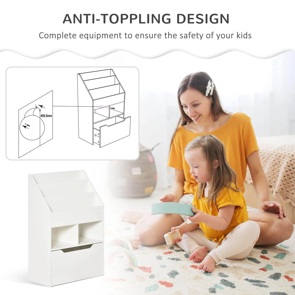 White kids bookshelf toy box with anti-tipping design and open book storage compartments.