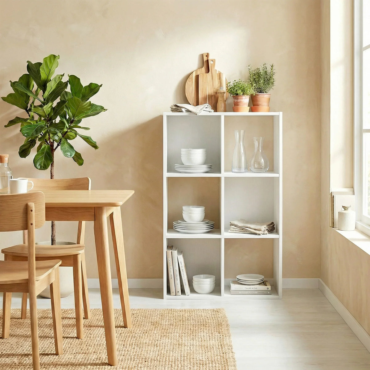 White wood-effect storage shelf bookcase with 6 open cubbies for books and tableware
