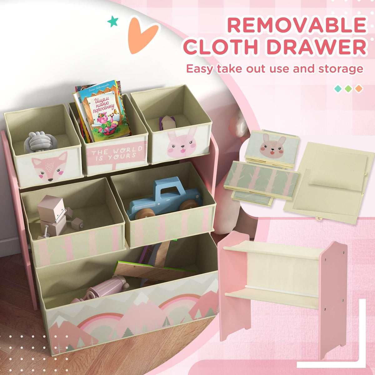 Pink kids storage organizer with removable cloth drawer compartments