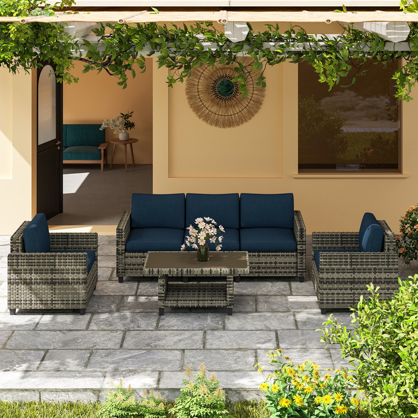 Outsunny Six Piece Modular Rattan Sofa Set Navy Blue Outdoor Garden Furniture With Table And Corner Chairs