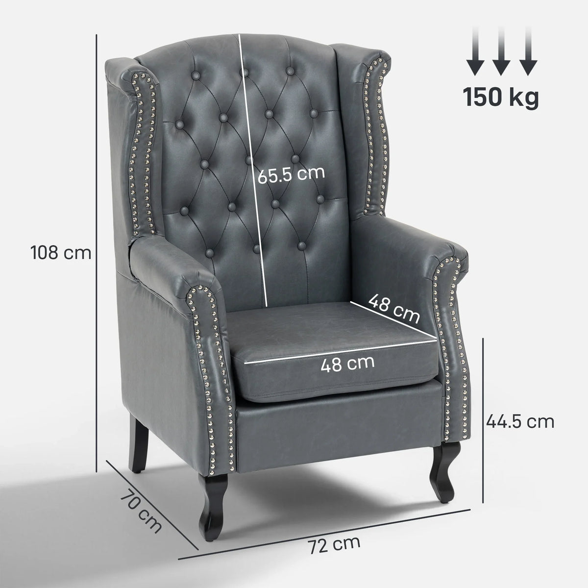 Tufted grey wingback chair with nailhead trim, front view, and cushioned seat