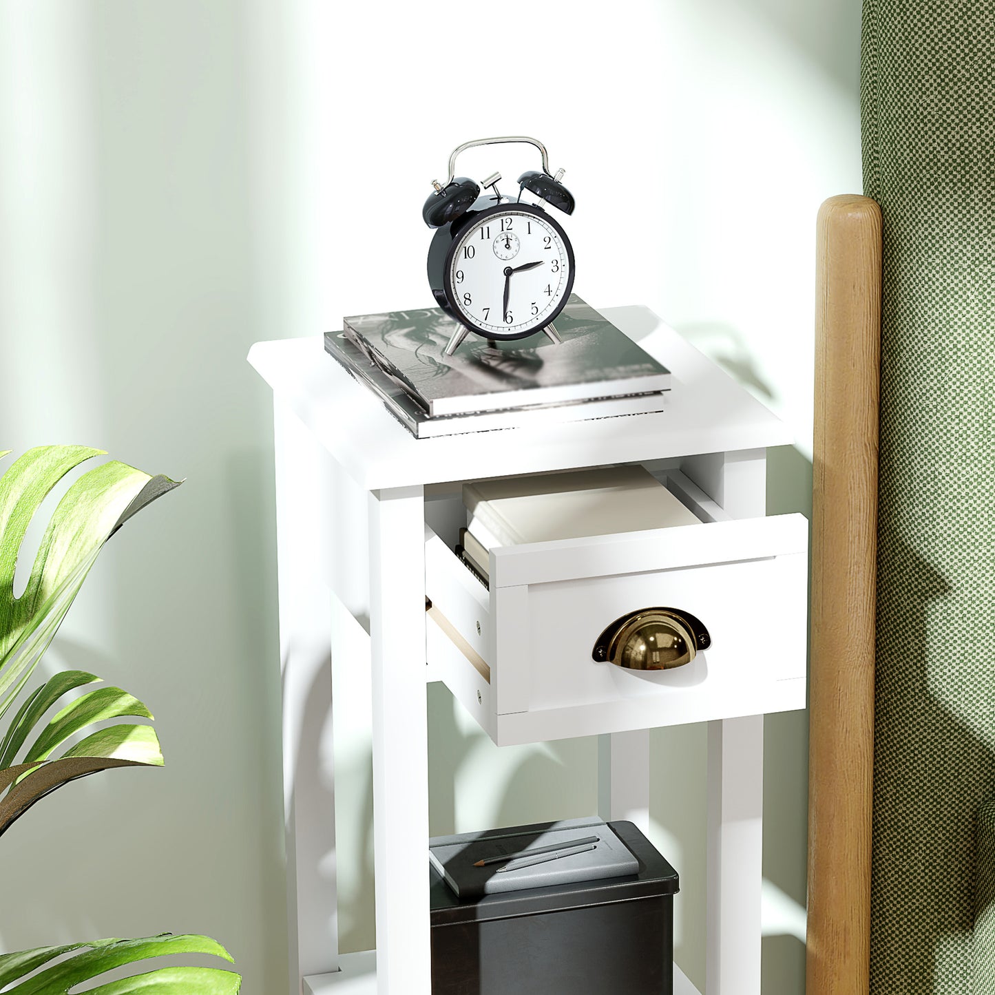 HOMCOM Two Tier Bedside Tables Set of Two with Drawer and Shelf White for Living Room and Hallway
