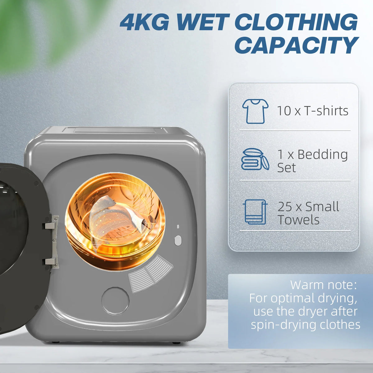 Vented tumble dryer with open drum view and warm interior airflow glow