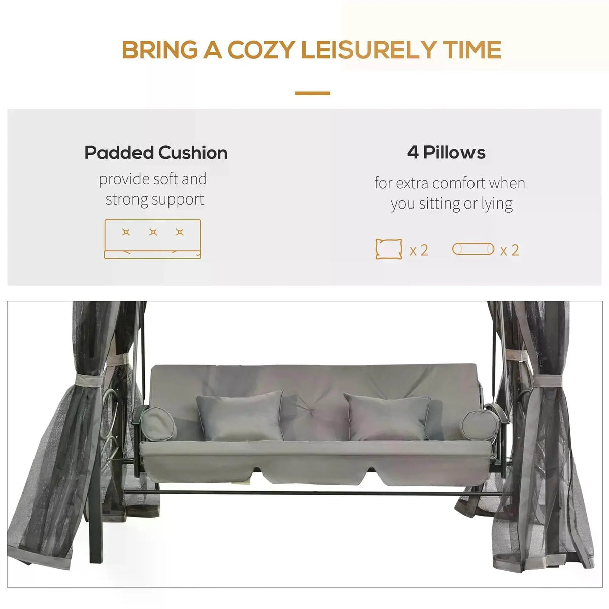 Grey outdoor 3-seater swing bed with canopy, cushioned seat, and mesh side curtains