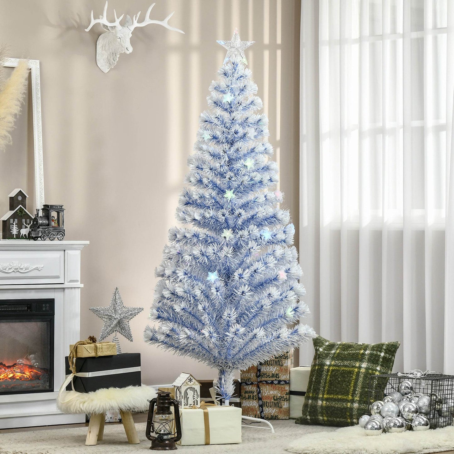 HOMCOM Pre-Lit 6FT White and Blue Fiber Optic Christmas Tree with 26 LED Lights - ALL4U RETAILER LTD