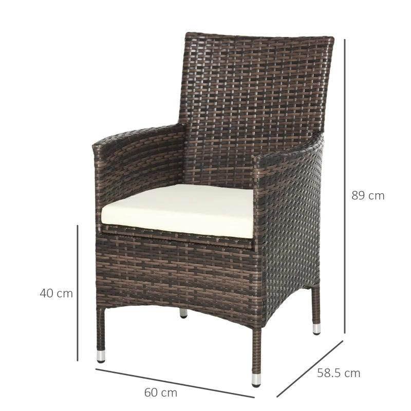 Single dark brown resin wicker armchair with cream seat cushion and curved arms