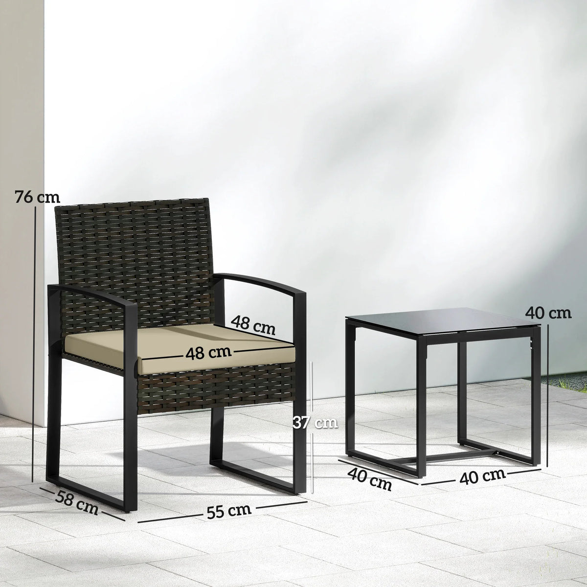 Dark rattan bistro chair with matching glass-top square table in set