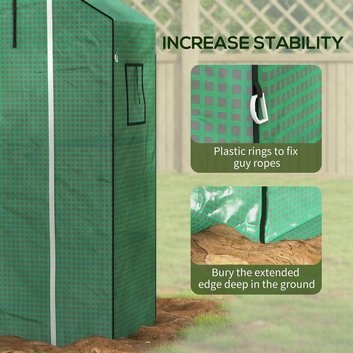 Green greenhouse cover corner with fastening ring and ground-edge flap