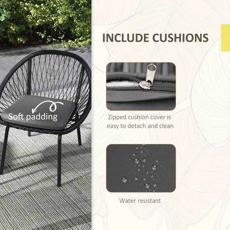 Black cushioned rattan armchair seat with zippered cover and water-resistant fabric