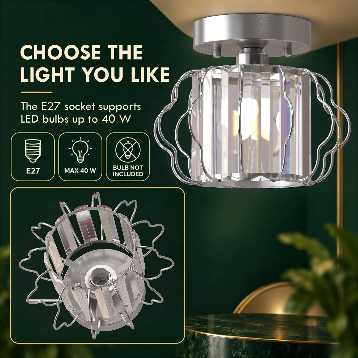 Silver semi-flush ceiling light with clear crystal bars and metal cage