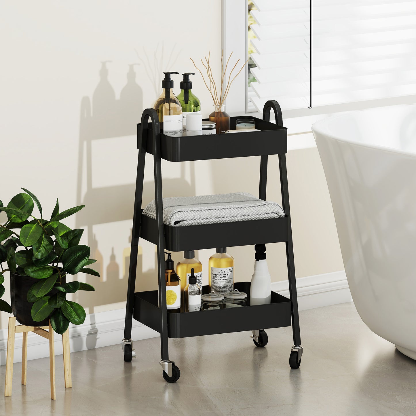 HOMCOM Three Tier Storage Trolley On Wheels With Mesh Bottom Trays For Kitchen Home Office Black