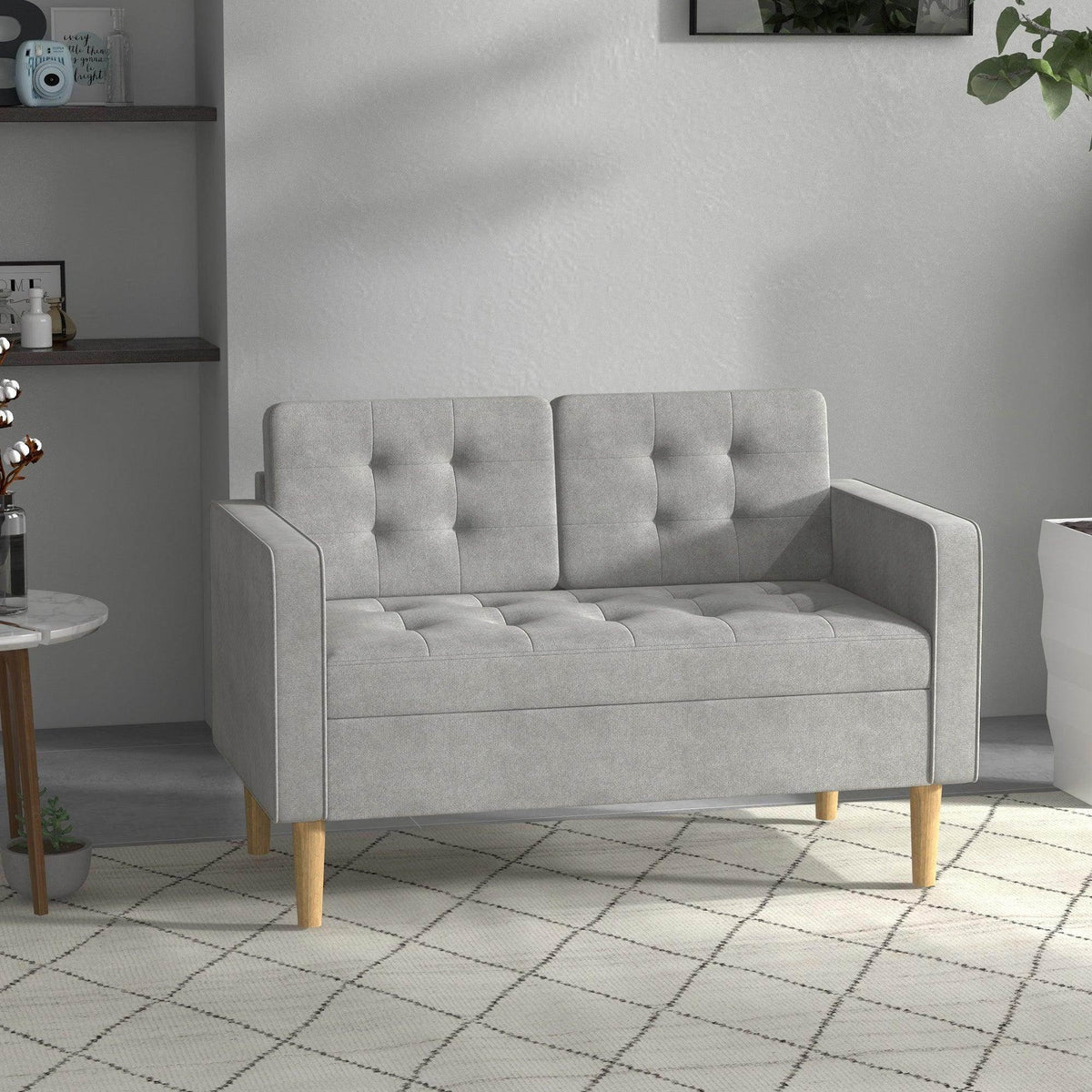 Light grey 2-seater loveseat sofa with tufted back and armrests, wood legs