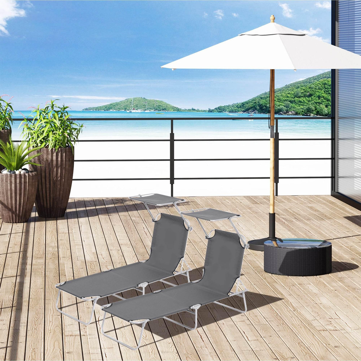 Patio sun lounger set with removable grey canopy and two reclining chairs