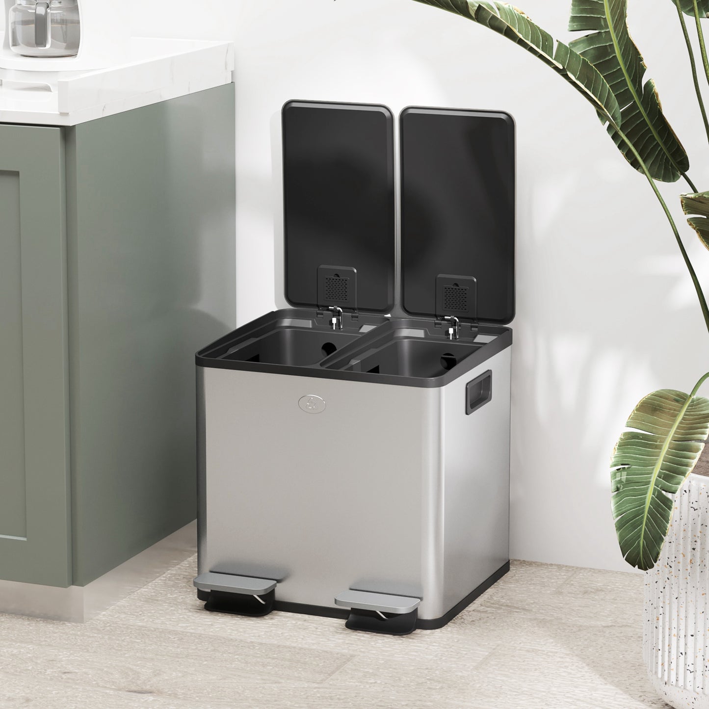HOMCOM 30L Dual Compartment Stainless Steel Bin With Deodoriser Holders Silver Tone