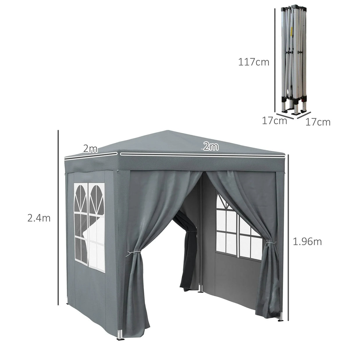 Grey pop-up gazebo with curtained doorway and windowed side panels, shown with dimensions