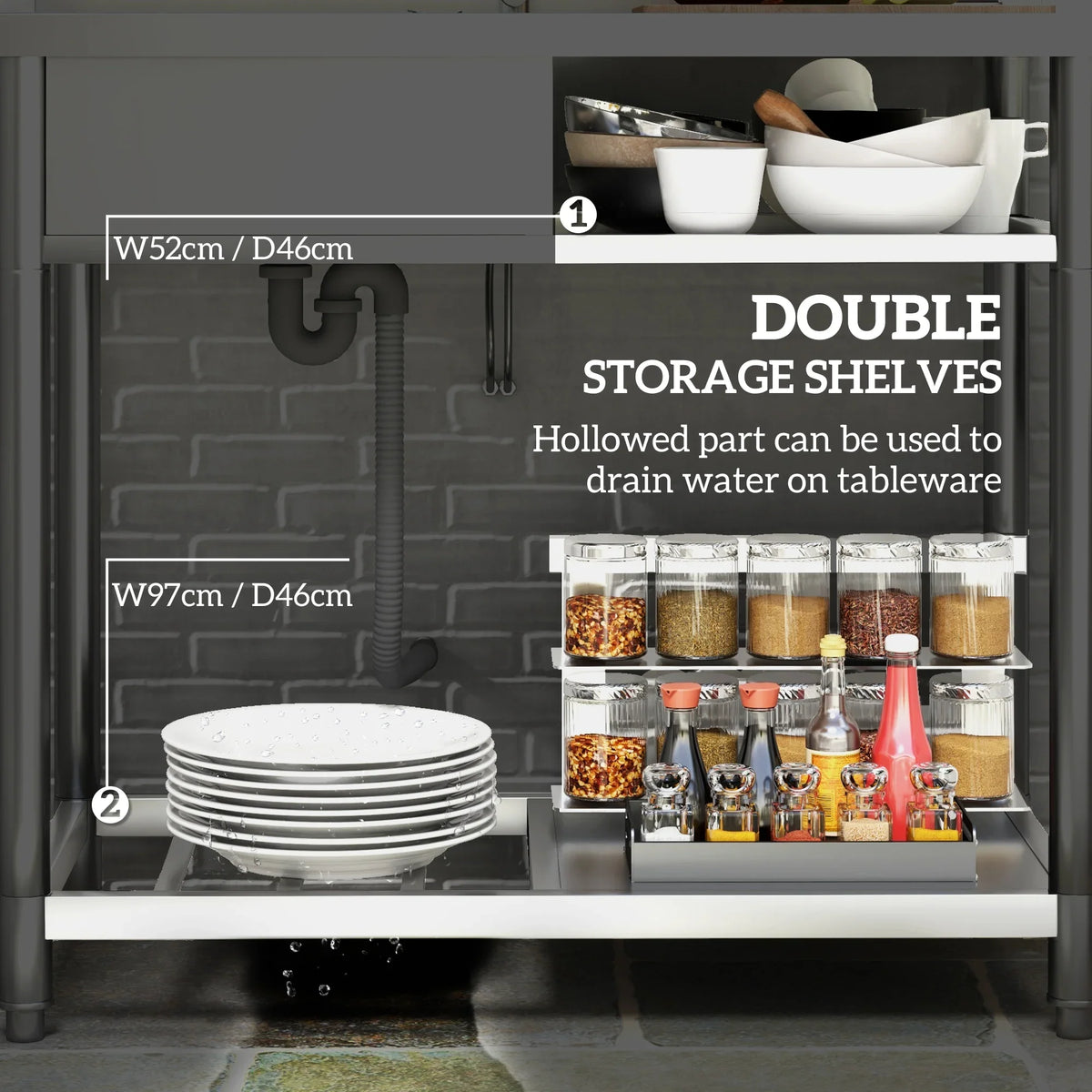 Undersink double storage shelves with utensil rail and spice/bottle organizer