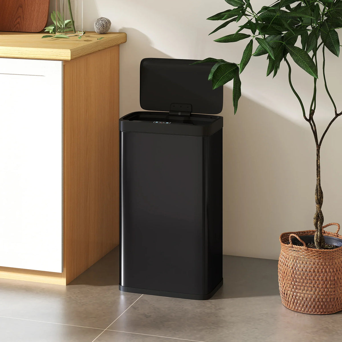 Black 45L touchless kitchen sensor bin with closed lid, slim rectangular shape