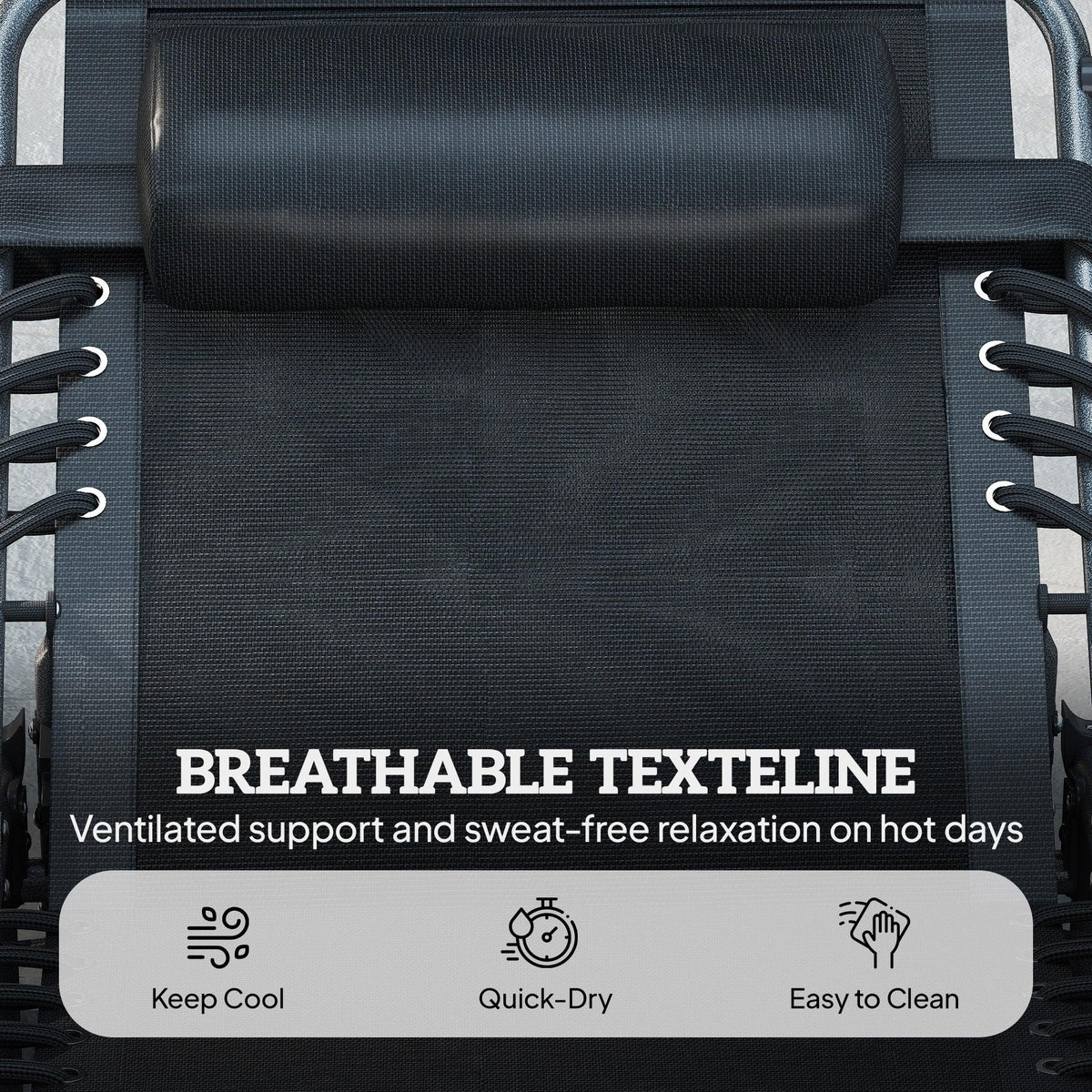 Black Texteline mesh back with padded headrest on folding sun lounger