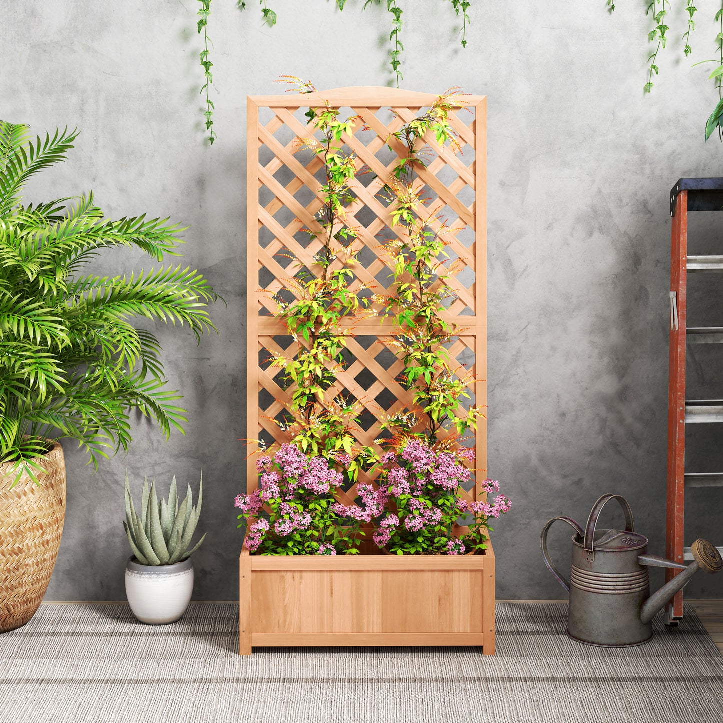 Outsunny Wooden Planter With Trellis Raised Bed Garden Planter Box For Climbing Plants 76 By 36 By 170 Cm Natural