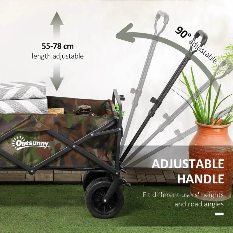 Camouflage garden cart trolley with adjustable handle and four black wheels